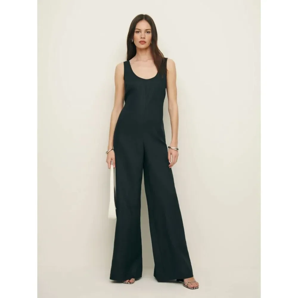 Reformation Nell Linen Jumpsuit Black Size S NWT Wide Leg Scoop Neck